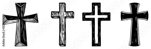 Set of four different christian cross symbols including wooden and 3d styles vector black and white hand drawn sketch illustration