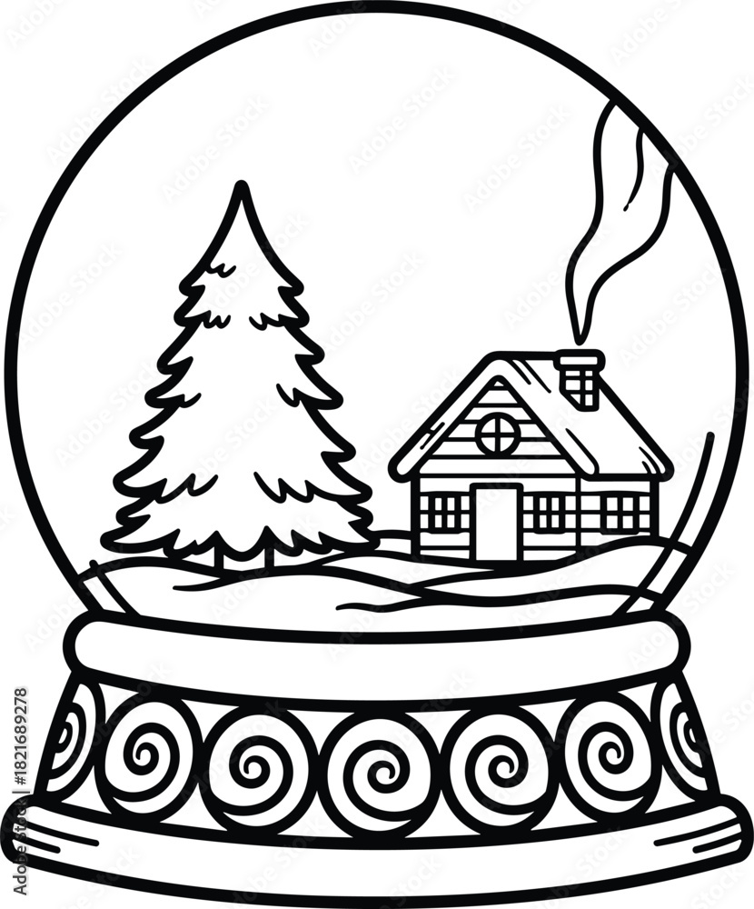 Fototapeta premium Black line art vector illustration of a cozy winter cabin next to a pine tree inside a decorative snow globe, symbolizing Christmas, holidays, and seasonal greetings.