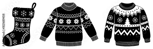Christmas winter clothing set featuring ugly sweaters and stocking with snowflake patterns vector black and white flat icon illustration