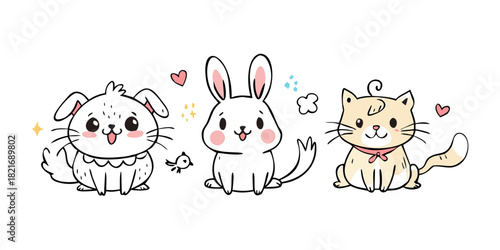 Cute cartoon cat with pink bow and other animal faces