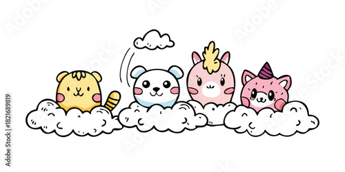 Cute cartoon animals peeking from clouds yellow