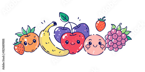Cute cartoon fruits with happy faces smiling