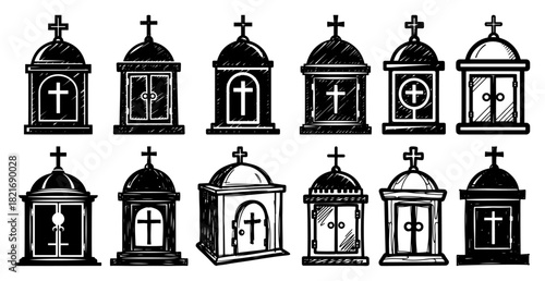 Catholic altar tabernacle icon set for storing the eucharist in church sanctuary with cross symbols