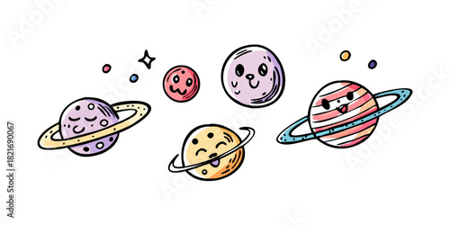 Cute cartoon planets and galaxies with faces galaxy