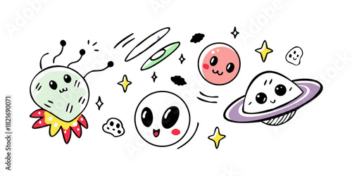 Cute cartoon space doodles with moon alien and pink planet
