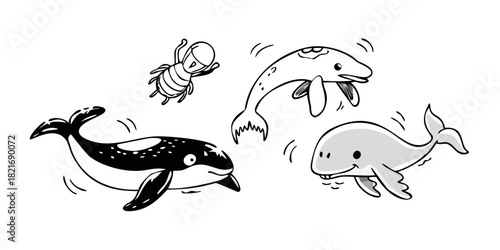 Cute cartoon whale with playful lines ocean