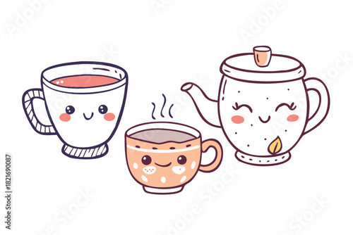 Cute coffee cups and teapot with faces vector