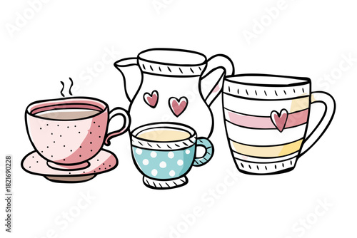 Cute doodle coffee cups mugs and teapots with hearts