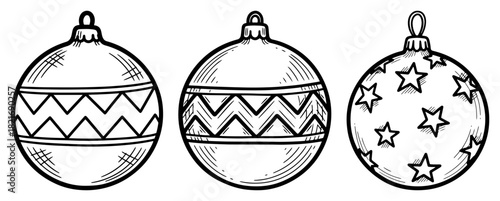 Three christmas tree baubles with zigzag and star patterns vector black and white hand drawn sketch illustration