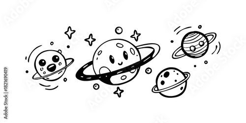 Cute doodle planets with rings and stars space galaxy