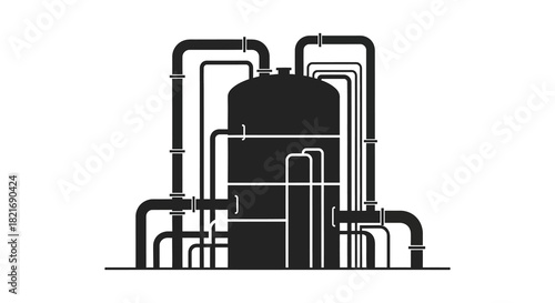 Industrial complex with pipes and a central tank a striking silhouette