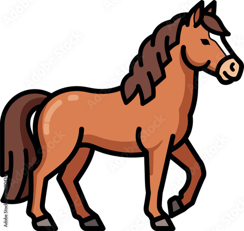 Brown horse standing proudly with a flowing mane and tail in a vibrant illustration.