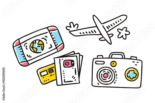 Cute doodle travel icons airplane passport camera vacation