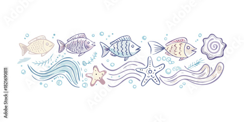 Cute fish and ocean doodles with waves and starfish