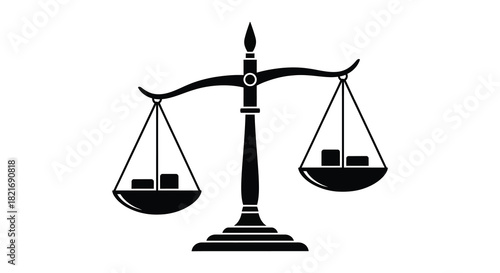 Scales of justice with balanced weights in a stark black silhouette