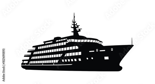 Detailed black cruise ship illustration against a white background silhouette
