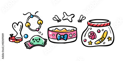 Cute pet accessories doodles on white background bowls