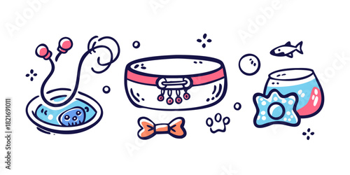 Cute pet accessories doodles on white background bowls 2