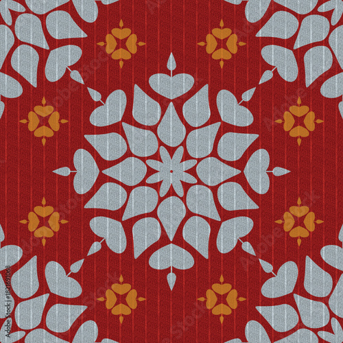 A stylized Thai floral graphic pattern on a deep red background, featuring light gray leaf and teardrop shapes arranged symmetrically, accented with gold flower motifs for an elegant and classic feel.