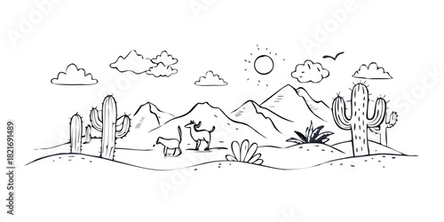 Desert landscape with cacti camels and mountains cactus