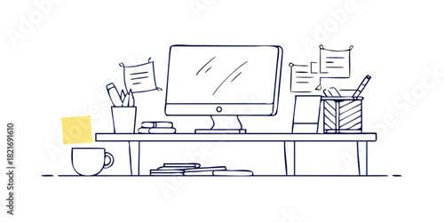 Desk with computer coffee mug and sticky note workspace