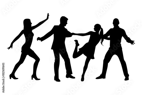 Diverse couples and individuals dancing on white background