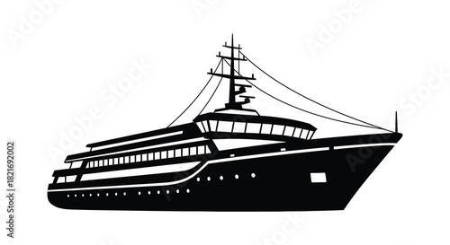 A striking black and white depiction of a large cruise ship silhouette