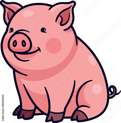 Cute pink cartoon piglet sitting and smiling happily.