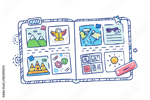 Doodle journal with travel memories and icons scrapbook