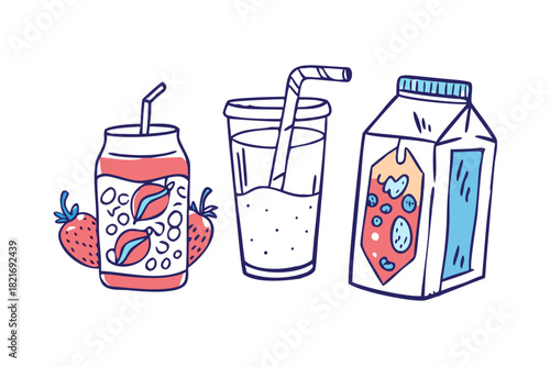 Doodle style drinks and smoothie carton on white background