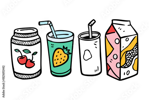 Doodle style drinks and fruit on white background soda cans