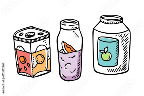 Doodle style drinks soda cans smoothies and milk cartons