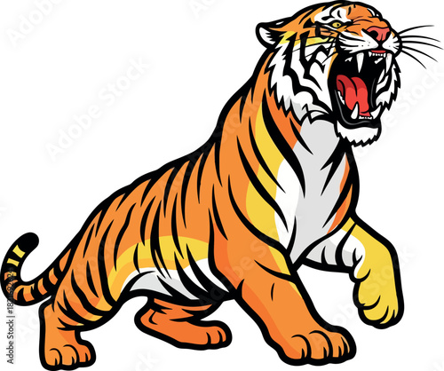 Roaring tiger ready to pounce with orange and black stripes.