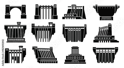 Collection of dam structures in stark black silhouette