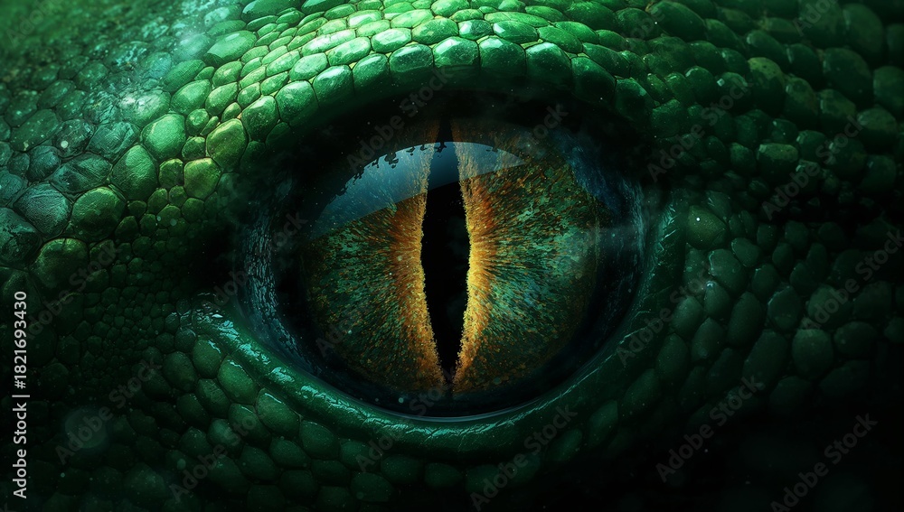 Obraz premium Showing reptilian eye with slit pupil filling closeup frame, reflecting glossy cornea and scales