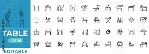 Editable Table and Furniture Line Icons Set  Minimal Desk, Dining, Office Outline Symbols