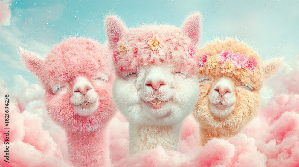 Obraz premium Drei niedliche Alpakas in Pastellfarben mit Blumenkranz in verträumter Wolkenlandschaft 