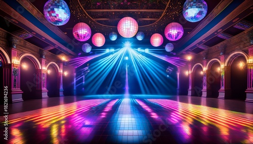 in a dimly lit nightclub colorful spotlights illuminate the dance floor creating a vibrant and energetic atmosphere under the reflective disco balls above