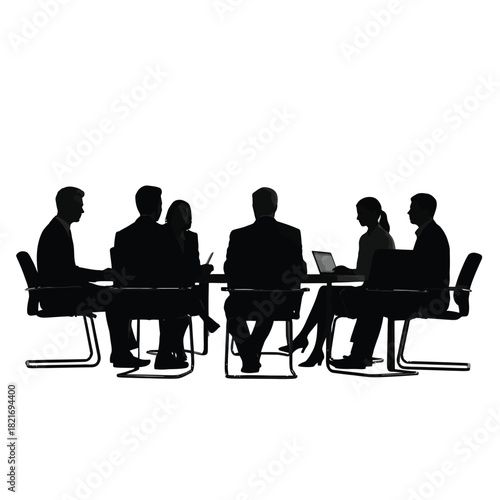 Business people silhouettes meeting around a table with laptop