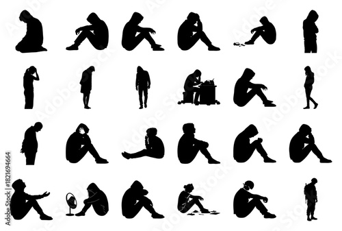 Collection of Sad and Depressed Human Silhouettes vector