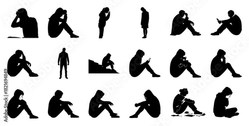 Human Silhouettes in Pensive and Sad Poses vector