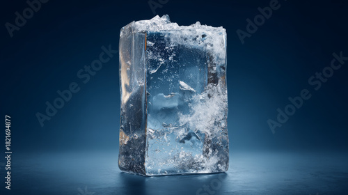 Vertical rectangular ice block with broken top isolated on dark blue background, clipping path