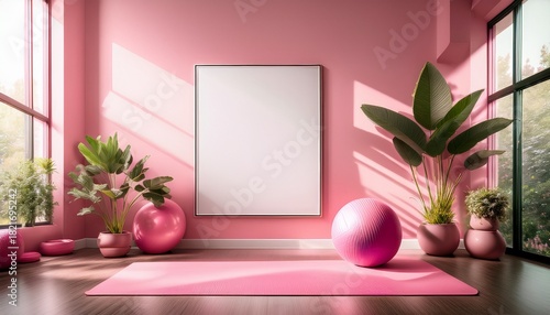 calm pink yoga studio interior with mockup poster frame features exercise mat large plants exercise ball and decor bright clean space promotes wellness fitness and relaxation