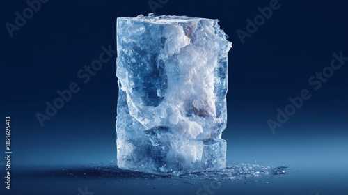 Vertical rectangular ice block with broken top isolated on dark blue background, clipping path