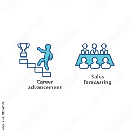Visual representations of essential business team structures, leadership roles, and collaborative workgroup dynamics presented as modern line icons