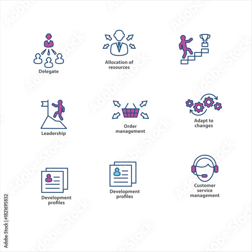 Visual representations of essential business team structures, leadership roles, and collaborative workgroup dynamics presented as modern line icons