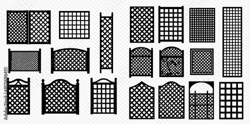 A diverse collection of garden trellis and fence panel designs featuring various grid patterns and decorative shapes.