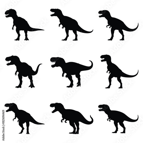 Collection of nine black tyrannosaurus rex dinosaur silhouettes in various poses