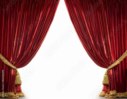 deep red velvet drapes golden fringe unveil bright white space curtains opening show