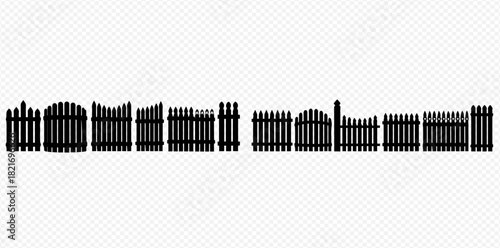 A diverse collection of black picket fence silhouettes, showcasing various styles and heights against a transparent background, ideal for graphic design elements.
